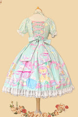 Green [Macarons Dolly House] Square Collar Short Lantern Sleeves Printed Bow Sweet Lolita Dress - Product - 7