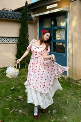 Pink Square Collar Short Sleeves High Waisted Rose Printed Ruffled Sweet Plus Size Lolita Dress - Product - 6
