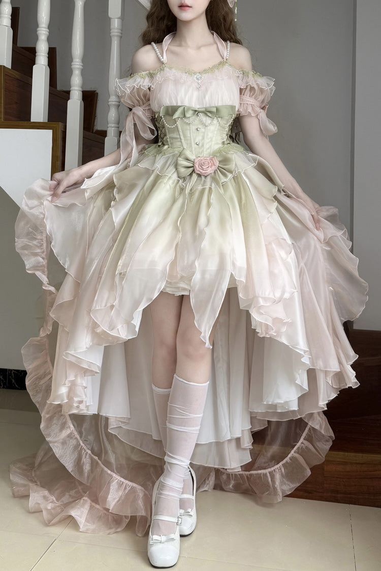 Light Pink and Green Bowknot Irregular Sweet Princess Lolita JSK Dress