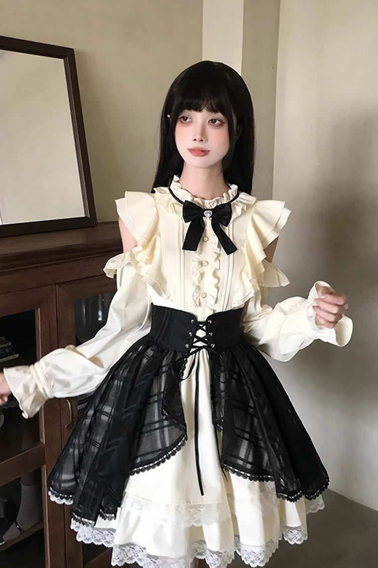 Black/Beige [Dark Chocolate Champagne] Stand Collar Off Shoulder Long Sleeves Double-Layered Ruffled Sweet Japanese Lolita Dress - Product - 4