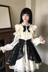 Black/Beige [Dark Chocolate Champagne] Stand Collar Off Shoulder Long Sleeves Double-Layered Ruffled Sweet Japanese Lolita Dress - Product - 4