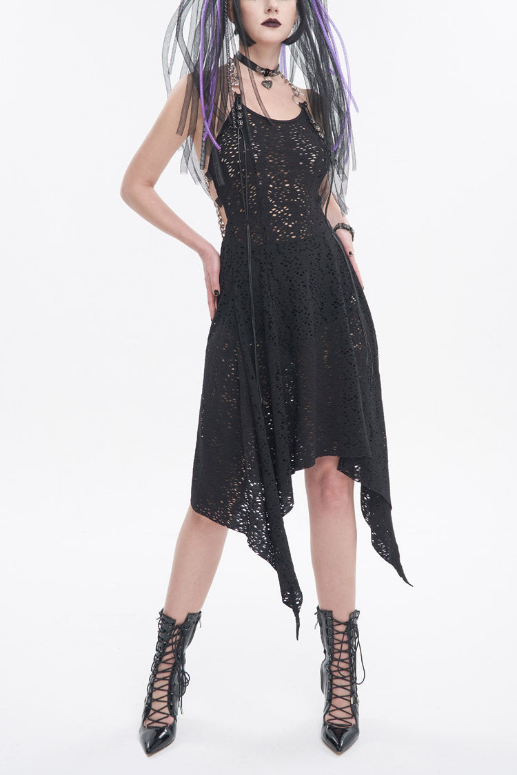 Black Irregular Pattern Wool Metal Chain Halter Neck Backless Women's Punk Dress - Black - 1