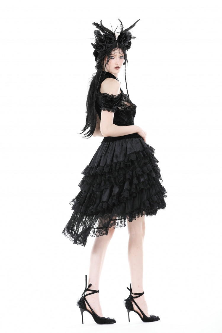 Black Women's Gothic Princess Multi-Layered Ruffled Lace High-Low Skirt - Product - 6