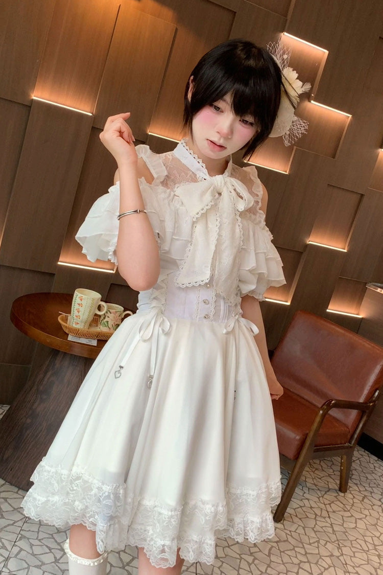 [Highness White Camellia] Off Shoulder Short Sleeves Double-Layered Ruffled Bow Lace Lace-Up Jirai Kei Plus Size Japanese Skirt Blouse Set 2 Colors - White - 5