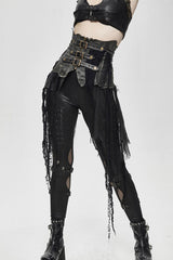 Black Vintage Leather Patchwork Distressed Belted Irregularly Lace Hem Women's Punk Half Skirt - Product - 9