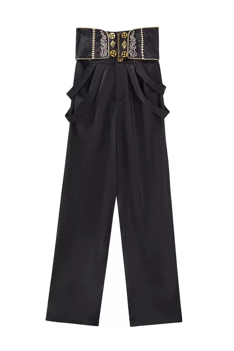 Black/White [Oath Knight] Lapel Collar Long Sleeves Ruffled Embroidered Gothic Ouji Lolita Set - Pants(Only) - 13