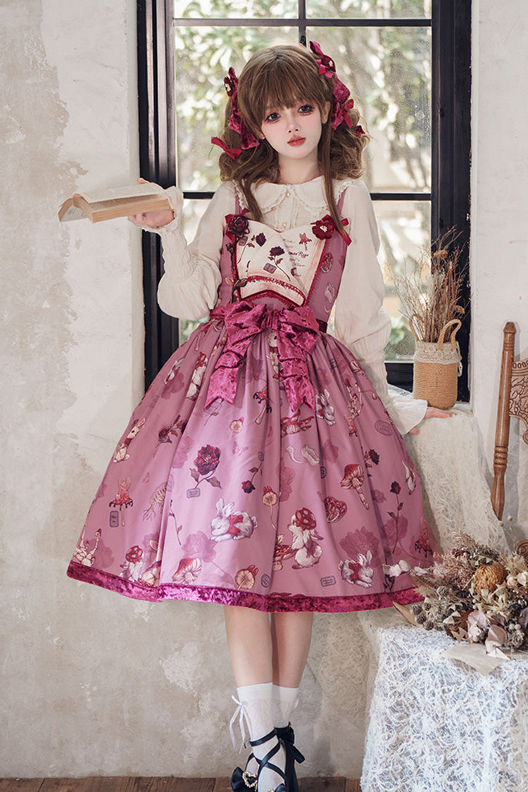Red Sleeveless Rabbit Sunflower Print Ruffle Embroidery Bowknot Sweet Lolita Jsk Dress Long Version - Product - 4