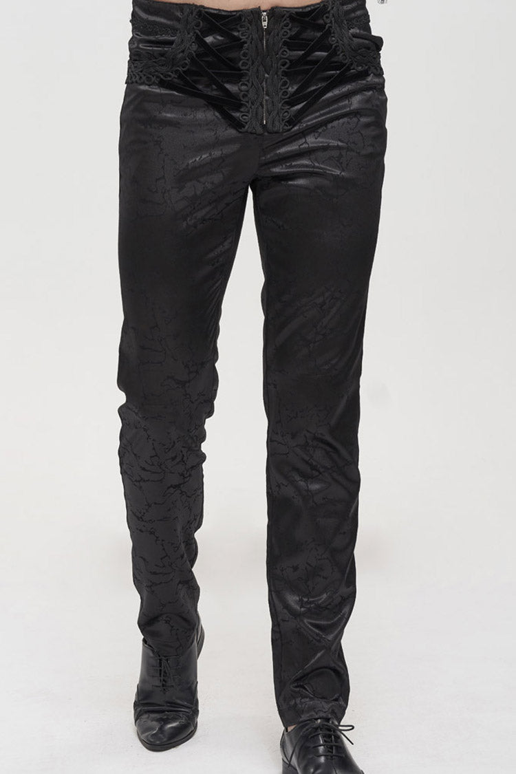 Black Gothic Glossy Pattern Drawstring Lace Decoration Men's Pants - Product - 3