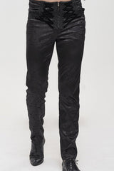 Black Gothic Glossy Pattern Drawstring Lace Decoration Men's Pants - Product - 3