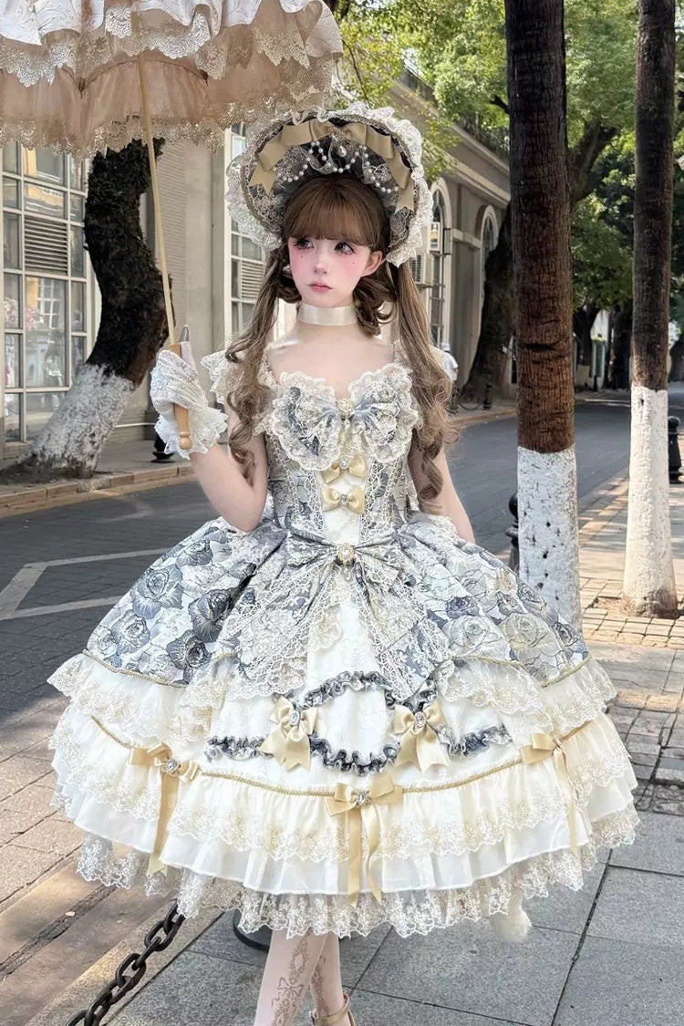 ブラック [Gilded Waltz] スクエアカラー ノースリーブ プリント フリル 刺繍 リボン レース 華やか スウィートロリータ ジャンパースカート（JSK） 商品画像