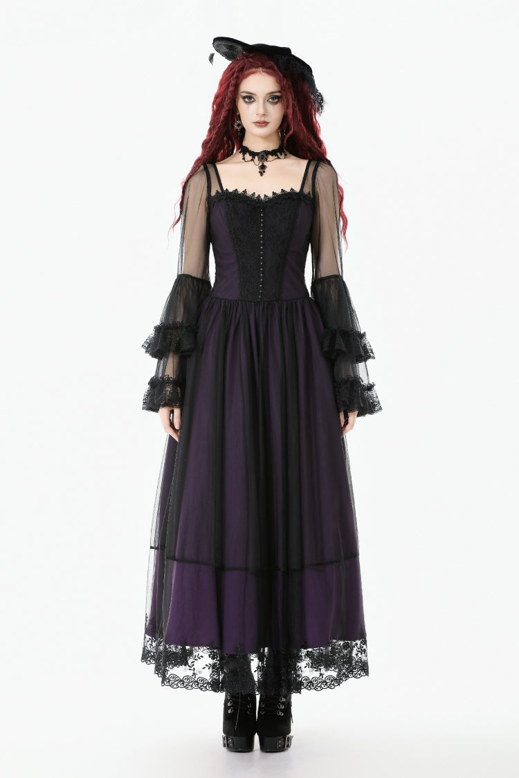 Purple Sheer Lace Square-Cut Collar Double-Layered Long Flared Sleeves  Lace-Up Women's Gothic Maxi Dress - Product - 5