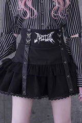 Black High Waisted Ruffle Embroidery Gothic Jirai Kei Japanese Skirt - Black - 1
