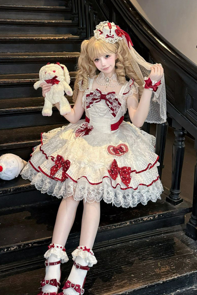White [Polka-Dot Love Letter] Sleeveless Double-Layered Bowknot Lace Pearl Sweet Lolita Jsk Dress - Product - 2