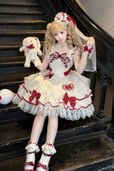 White [Polka-Dot Love Letter] Sleeveless Double-Layered Bowknot Lace Pearl Sweet Lolita Jsk Dress - Product - 2