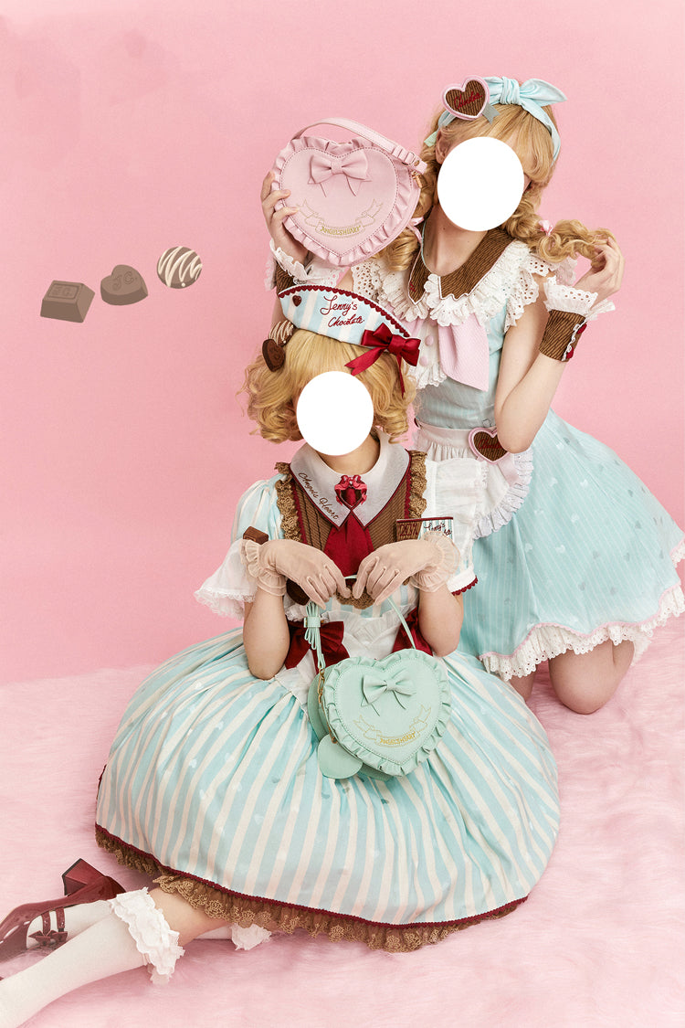 Green [Jenny's Chocolate] Short Sleeves Vertical Stripes Print Ruffle Bowknot Sweet Lolita Dress - Product - 13