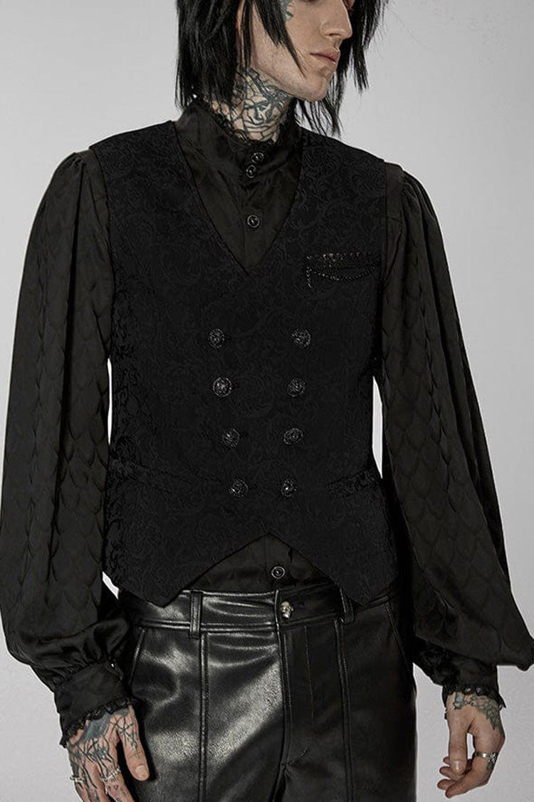 Black Punk Gorgeous V Neck Asymmetrical Relief Sculpture Jacquard Double Row Hand Seam Button Men's Vest - Black - 1