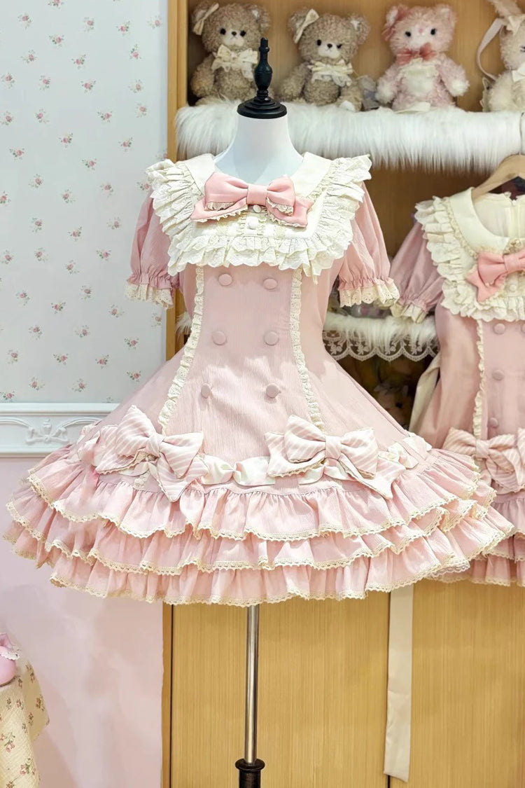 Pink [Striped Layered] Short Sleeves Multi-Layered Ruffle Bowknot Sweet Princess Lolita Tiered Dress - Product - 3