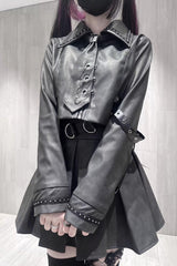 Black [Eternal Night of Bones] Lapel Collar Long Sleeves Studded Eyelet Gothic Jirai Kei Japanese Handsome Top and Skirt Set - Product - 10
