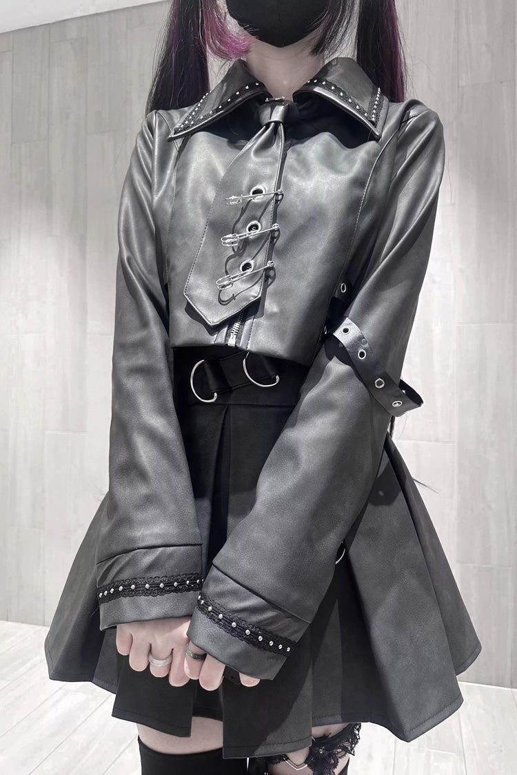 Black [Eternal Night of Bones] Lapel Collar Long Sleeves Studded Eyelet Gothic Jirai Kei Japanese Handsome Top and Skirt Set - Product - 10