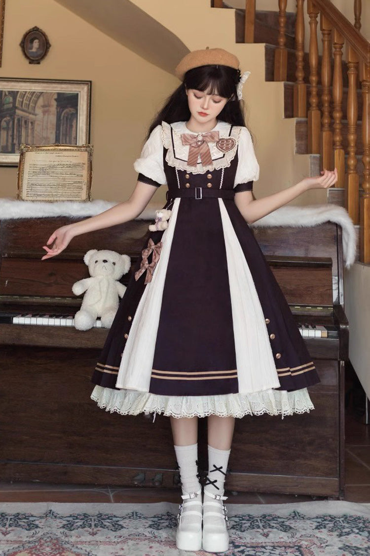 Black/White Chocolate Workshop Long Version Elegant Short Puff Sleeves Sweet Lolita Dress (Plus Size Version) - Product - 2
