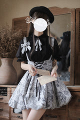 Grey [Elise] Print Bowknot Lace-Up Sweet Vintage Lolita Skirt - Product - 9
