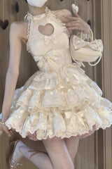 Apricot Heartbeat Multi-Layered Ruffle Heart Shape Hollow Bowknot Sweet Ballet Lolita Dress - Product - 4