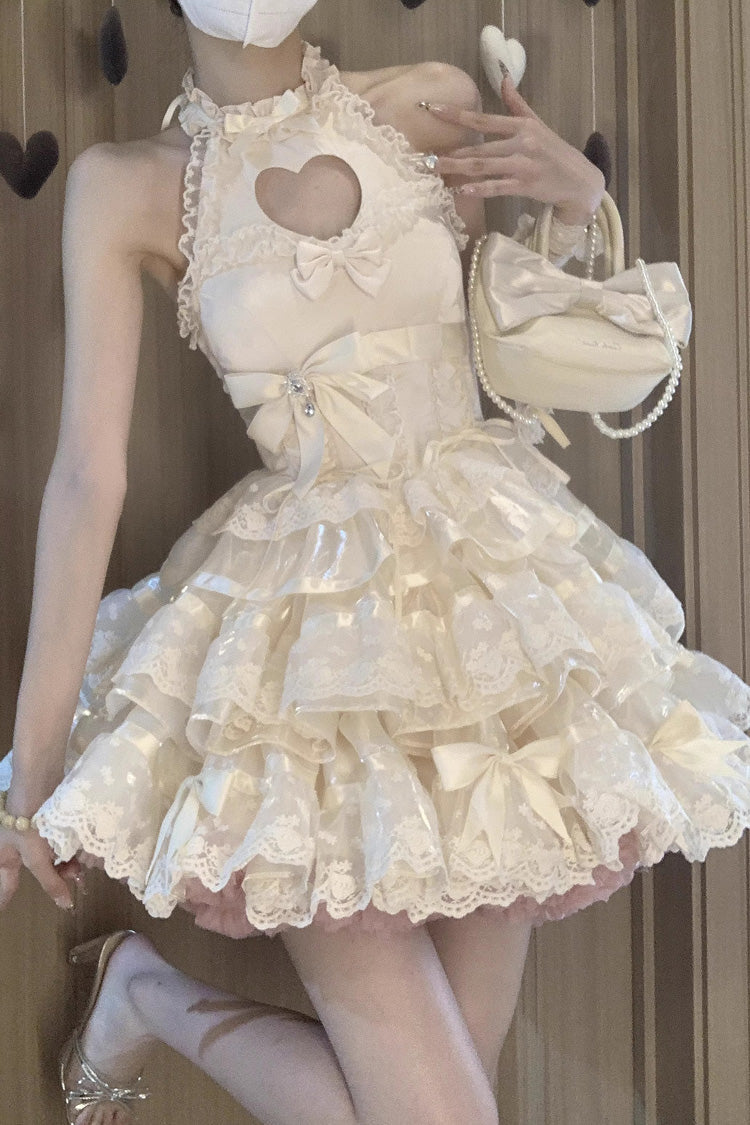 Apricot Heartbeat Multi-Layered Ruffle Heart Shape Hollow Bowknot Sweet Ballet Lolita Dress - Product - 4