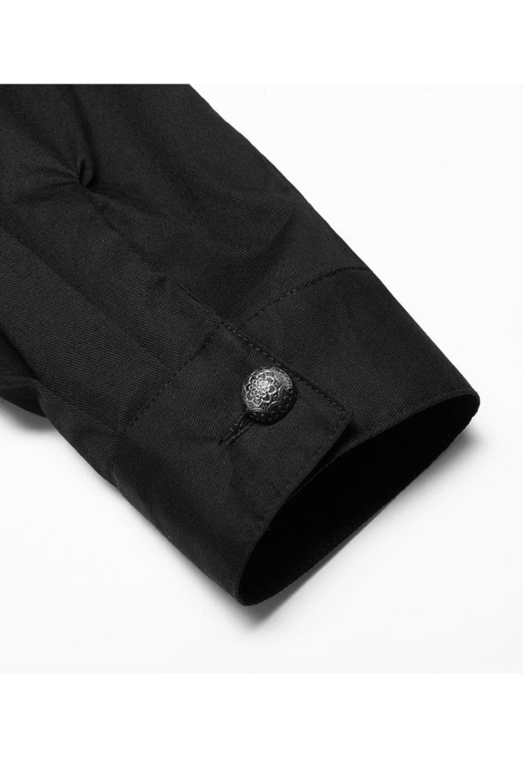 Black Gothic Delicate Decals Placket Pleated Ruffle Long Sleeve Men's Shirt - Product - 8