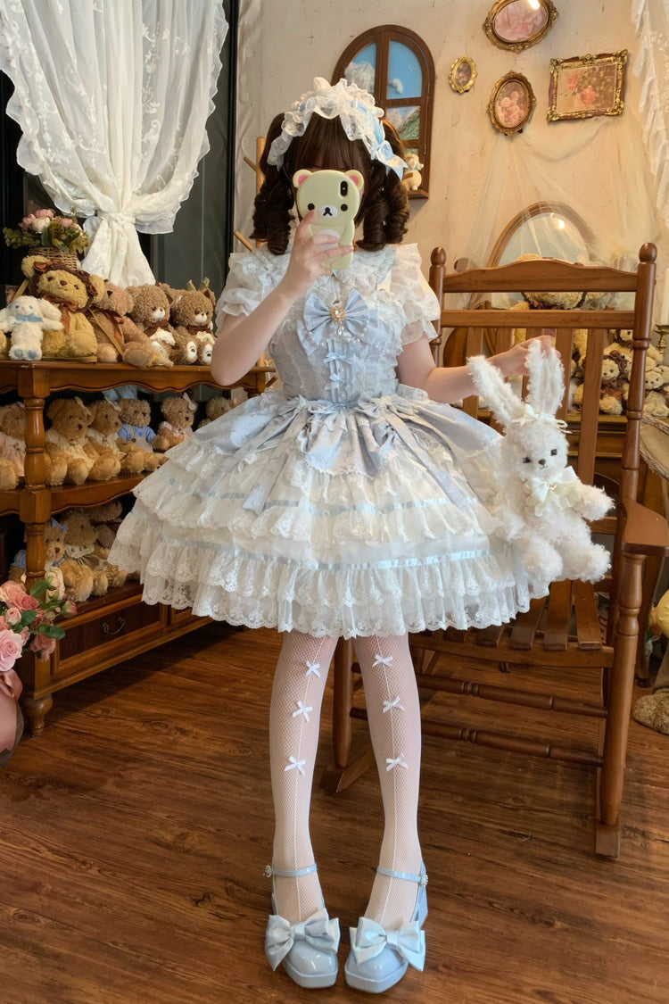 Blue [Snow Kissed Romance] Sleeveless High Waisted Multi-Layered Bowknot Lace Pearl Sweet Ballet Lolita Jsk Dress - Product - 4