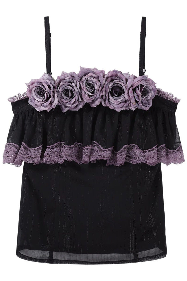 Black/Purple [Angel Garden] Sleeveless Print Ruffle Bowknot Lace Sweet Gothic Lolita Skirt Set - Product - 5