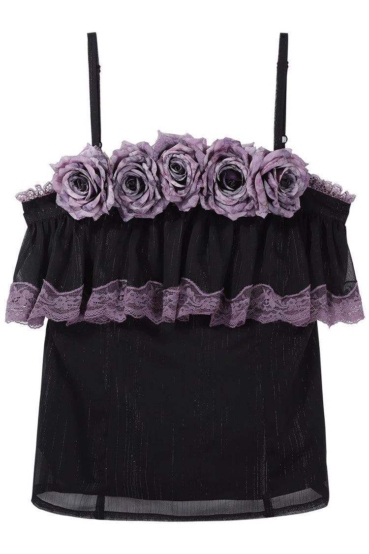 Black/Purple [Angel Garden] Sleeveless Print Ruffle Bowknot Lace Sweet Gothic Lolita Skirt Set - Product - 5