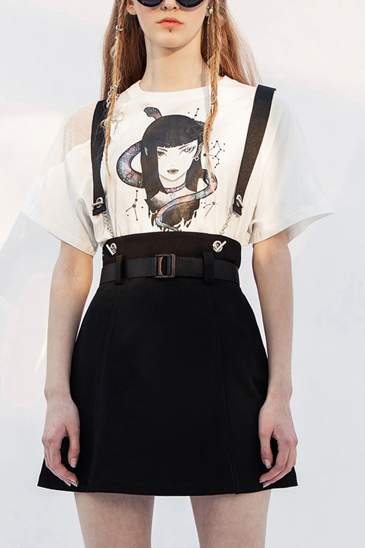 Black Metal Ring Shoulder-Strap Buckle Belt Split Hem A-Shaped Women's Punk Skirt - Black - 1