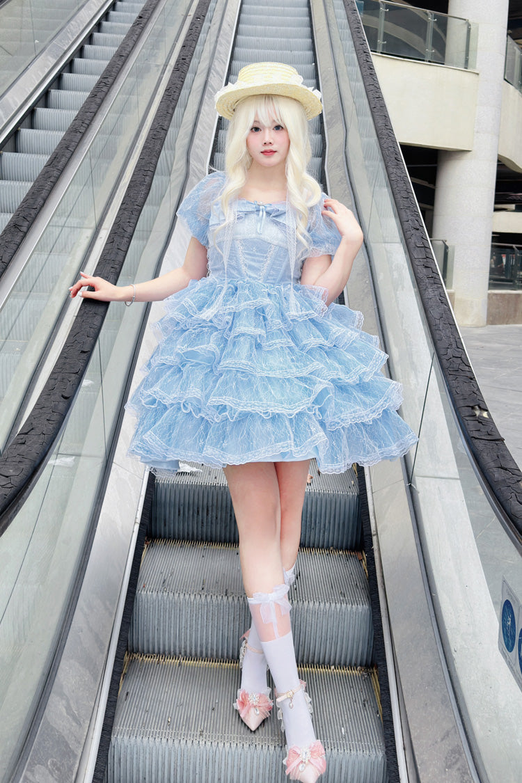Blue Short Sleeves Multi-Layered Ruffle Hanayome Bowknot Lace Plus Size Sweet Lolita Dress - Product - 4