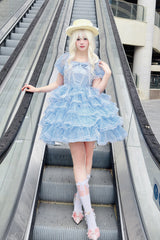 Blue Short Sleeves Multi-Layered Ruffle Hanayome Bowknot Lace Plus Size Sweet Lolita Dress - Product - 4