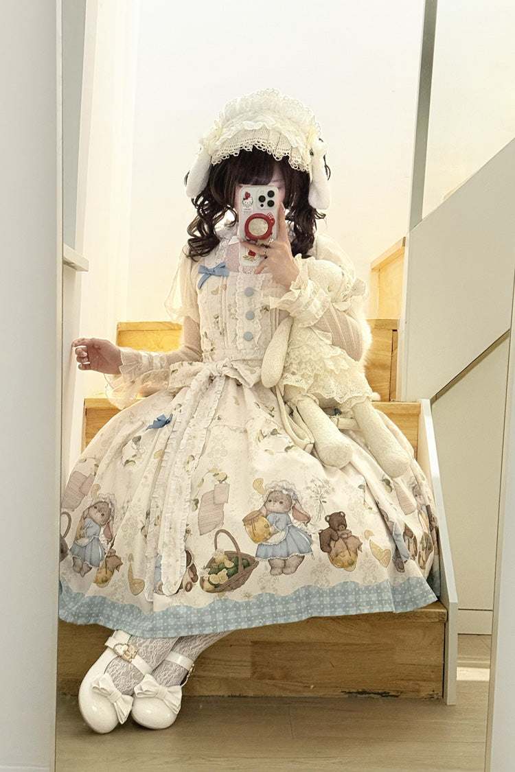 Ivory [Midsummer Bunny Bear] Printed Ruffled Bow Sweet Lolita Dress 2 Versions - Product - 2
