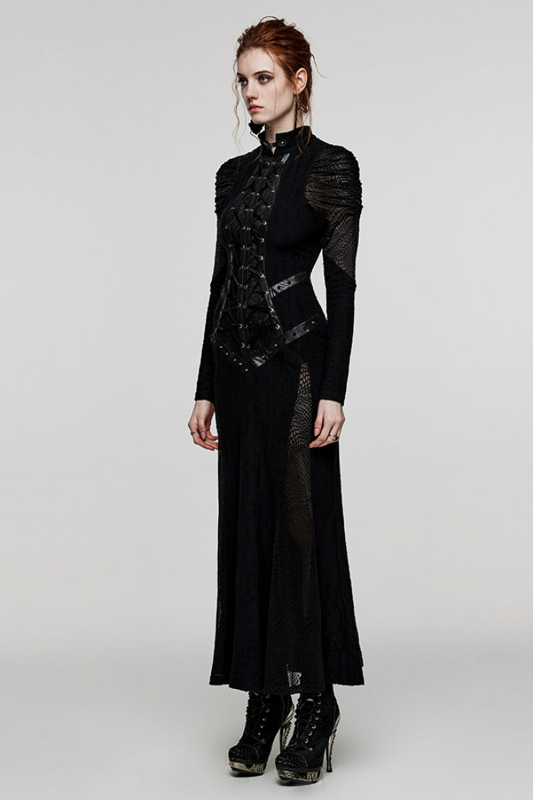 Black Stand Collar Snake Print Stitching Lace-Up Mesh Women's Gothic Dress - Product - 2