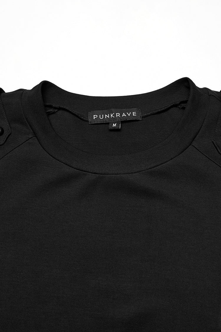 Black Round Collar Long Sleeves Cut-Out Spliced Mesh Men's Punk T-Shirt - Product - 5