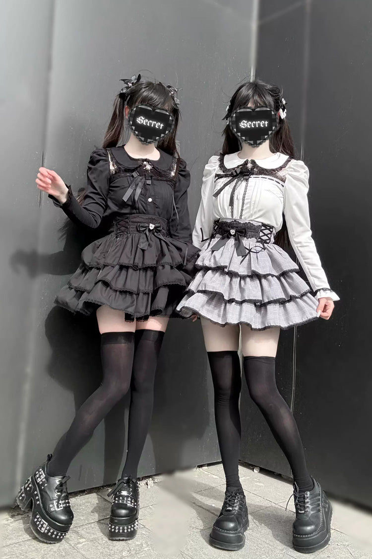 Jirai Kei Doll Collar Long Sleeves Triple-Layered Ruffled Bow Lace Japanese Skirt Blouse Set 2 Colors - Product - 2