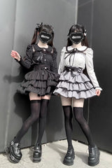 Jirai Kei Doll Collar Long Sleeves Triple-Layered Ruffled Bow Lace Japanese Skirt Blouse Set 2 Colors - Product - 2