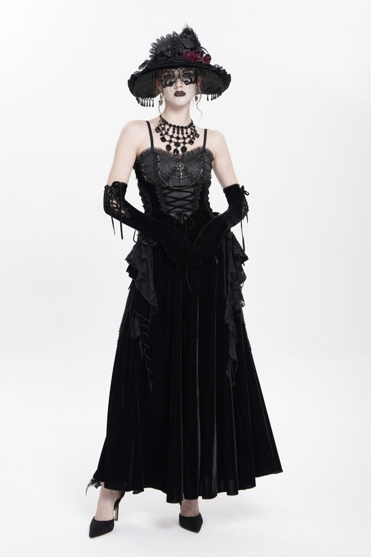 Black Sleeveless Ruffle Lace-Up Plumed Women's Gothic Long Slip Dress - Black - 1
