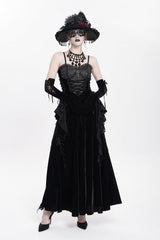 Black Sleeveless Ruffle Lace-Up Plumed Women's Gothic Long Slip Dress - Black - 1