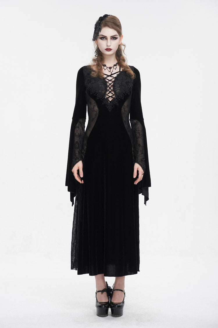 Black Velvet Mesh Splice Long Women's Gothic Dress - Product - 3