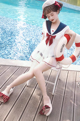 White/Blue/Red Bowknot Short Sleeves Navy Cute Sweet Lolita One Piece Swimsuit - Product - 3