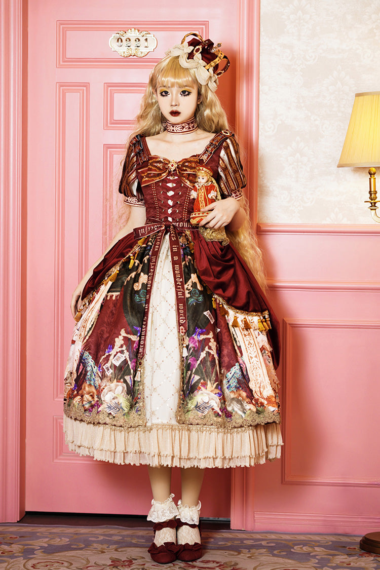 Red [Kaleidoscope of Dreams] Double-Layered Print Embroidery Bowknot Lace-Up Classic Vintage Gorgeous Lolita Dress - Product - 15