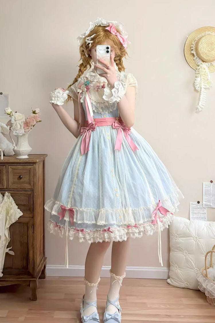 Blue [Sakura’s Spring Resonance] Sleeveless Ruffled Bow Sweet Lolita Jsk Dress (Short Version) - Product - 3