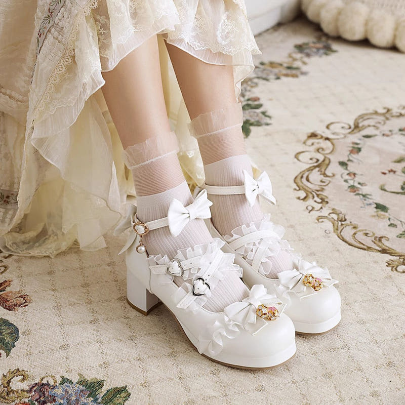 Sweet Stitching Lace Princess Lolita High Heels 4 Colors - White - 1