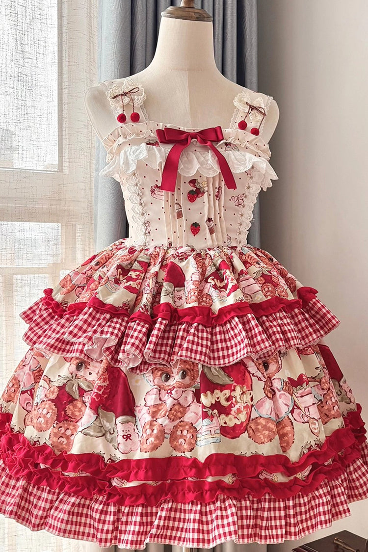 Red [Strawberry Bear] Sleeveless Double-Layered Print Ruffle Bowknot Sweet Princess Lolita Jsk Dress - Product - 5