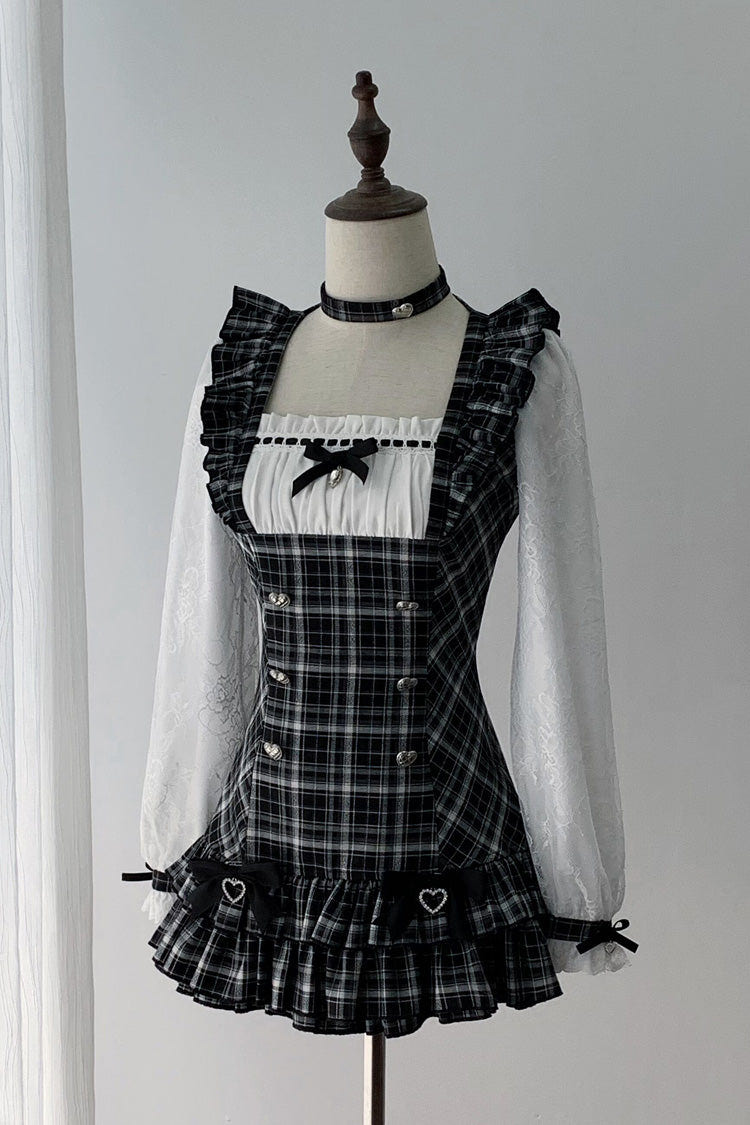 Black/White Square Collar Long Sleeves Jacquard Plaid Printed Ruffled Japanese Vintage Jirai Kei Dress - Black/White - 1