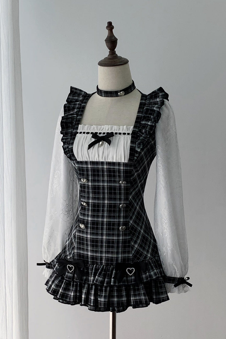 Black/White Square Collar Long Sleeves Jacquard Plaid Printed Ruffled Japanese Vintage Jirai Kei Dress - Black/White - 1