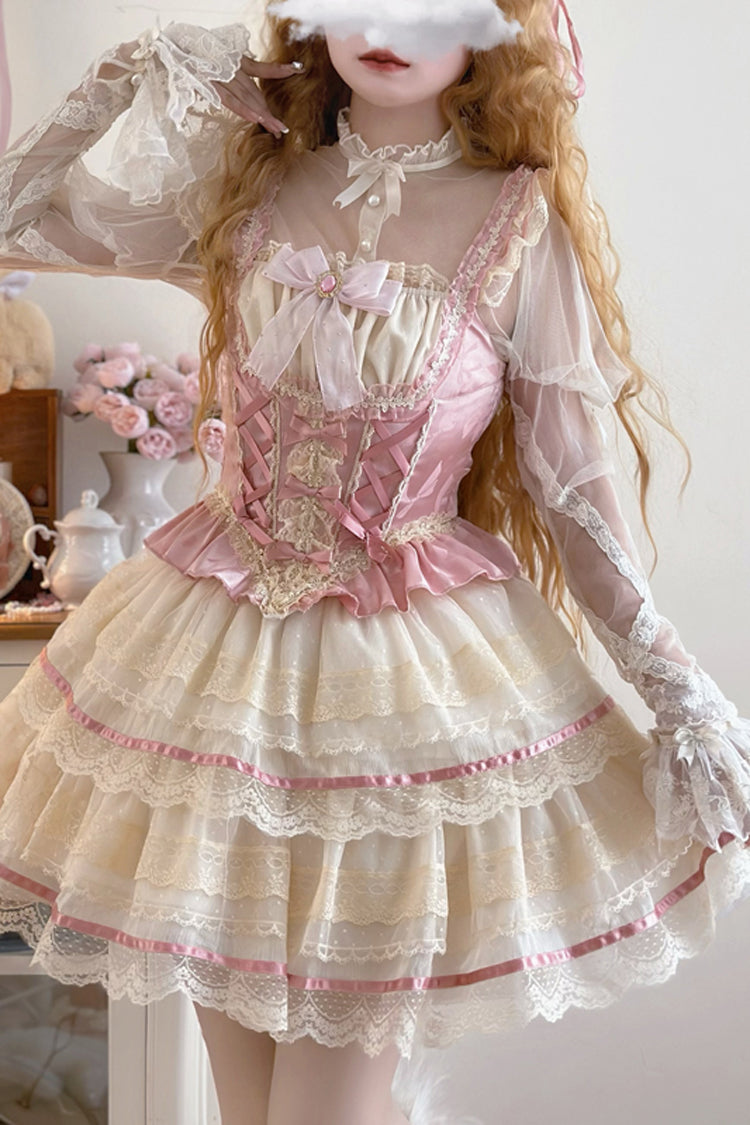 Pink [Girl Love] Double-Layered Bowknot Lace Sweet Ballet Lolita Skirt Set - Product - 3